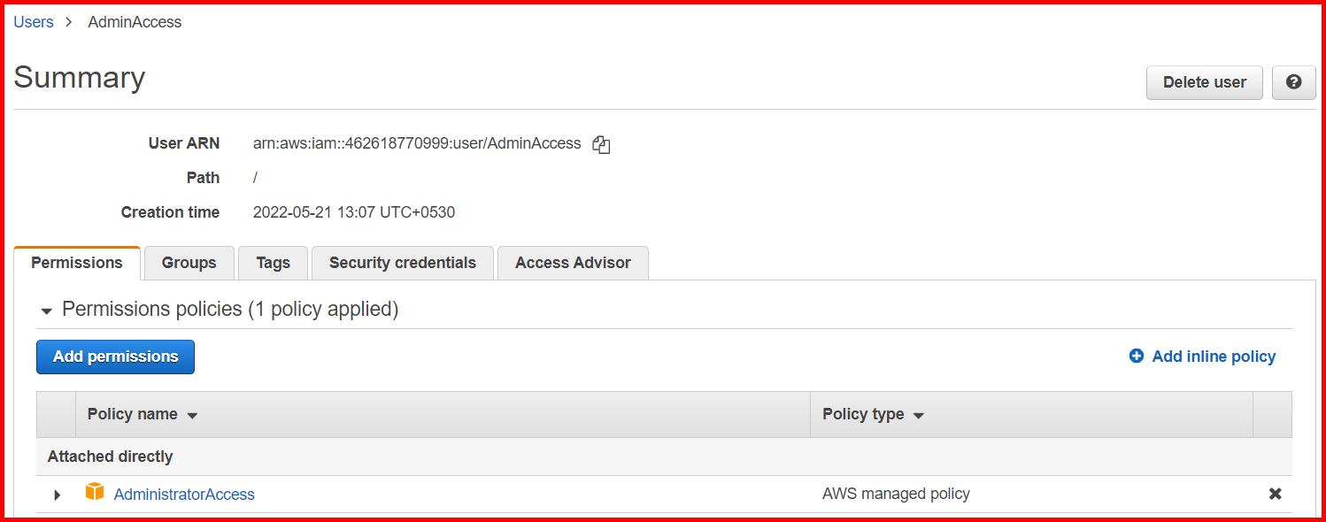 Picture showing creating the user Adminaccess